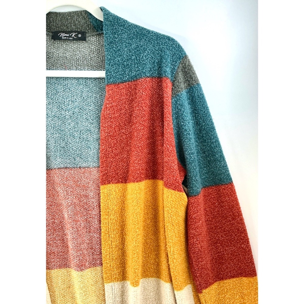Open Front Colorblock Longline Duster Cardigan Sz S Boho Artsy Cozy Y2K - Picture 7 of 11
